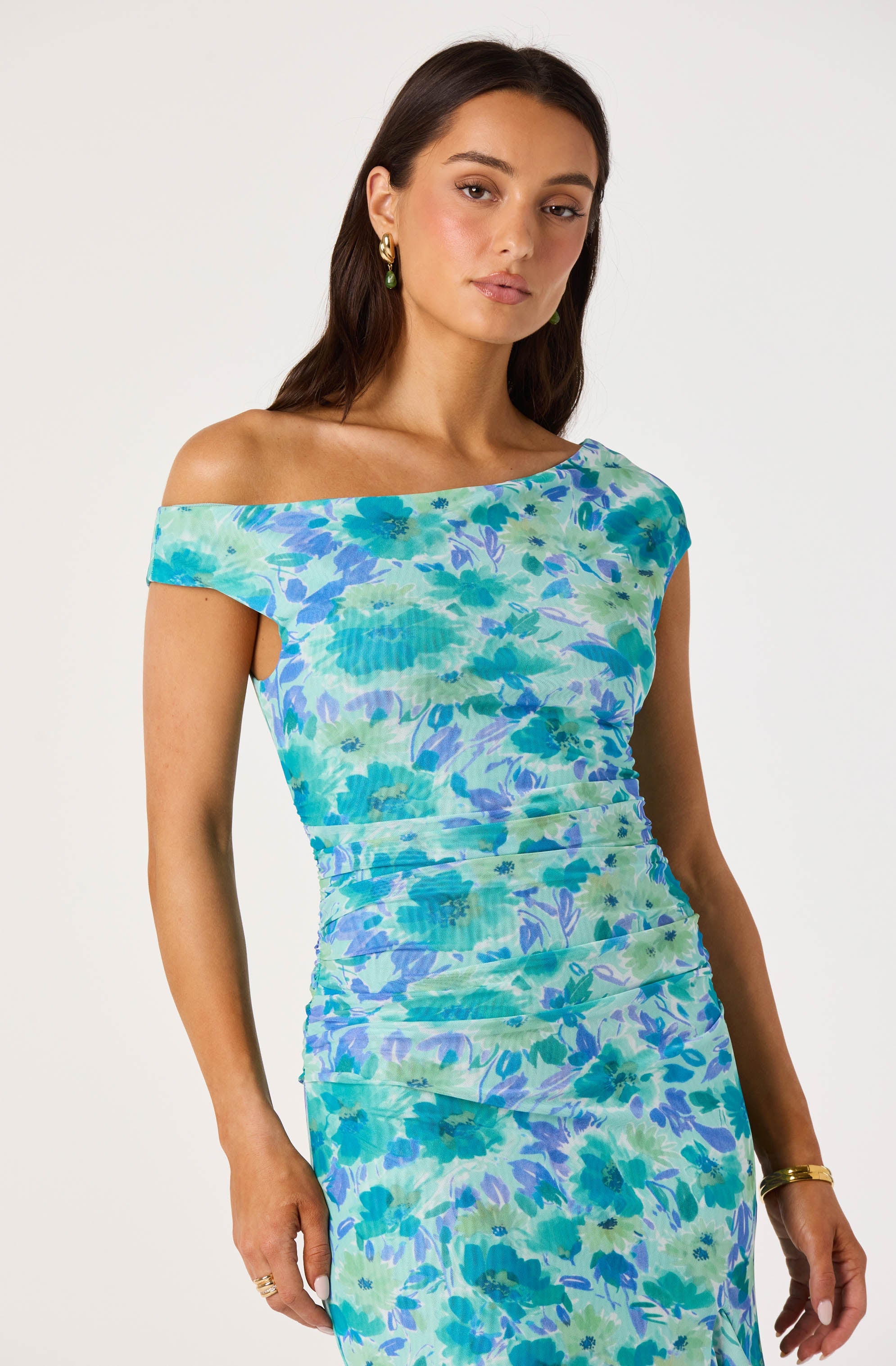 Off Shoulder Ruched Floral Midi Dress