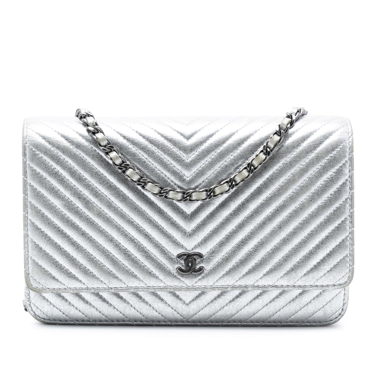 Chanel CC Chevron Metallic Lambskin Wallet On Chain