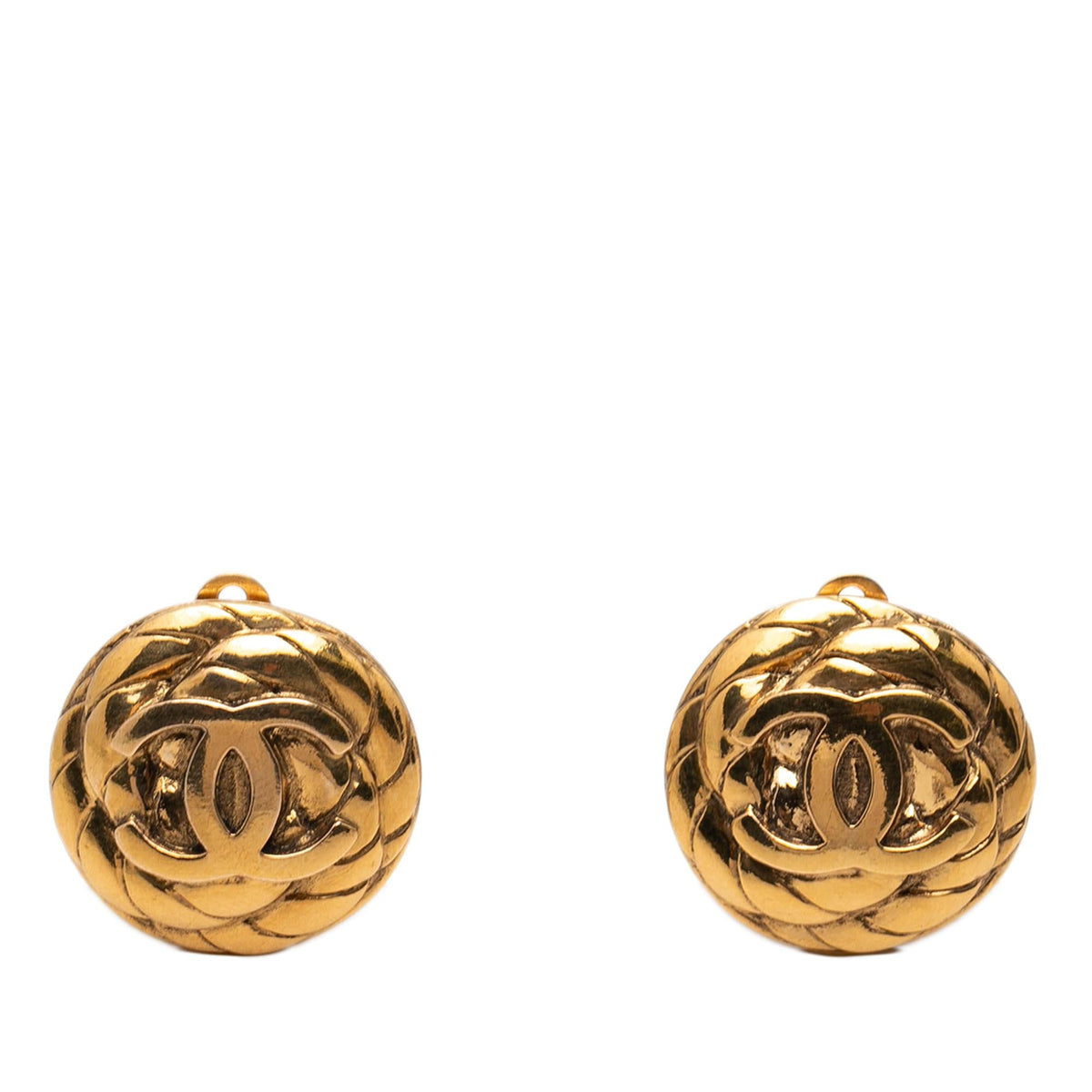 Chanel CC Gold Plated Quilted Round Clip On Earrings