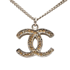 Chanel CC Silver Plated Rhinestone Pendant Necklace