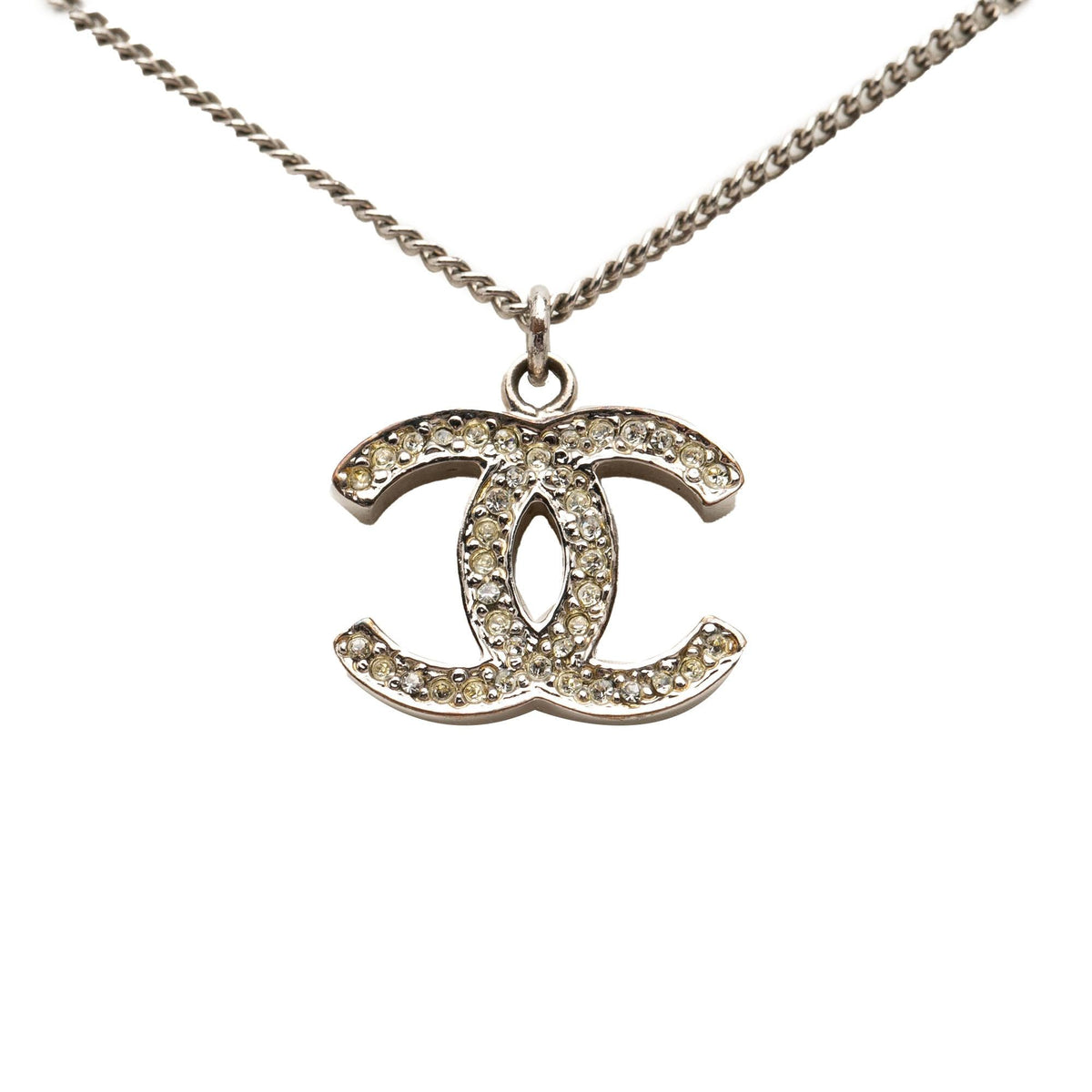 Chanel CC Silver Plated Rhinestone Pendant Necklace