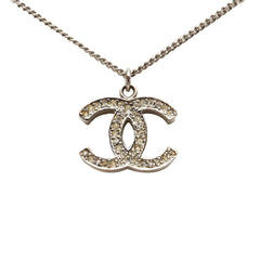 Chanel CC Silver Plated Rhinestone Pendant Necklace