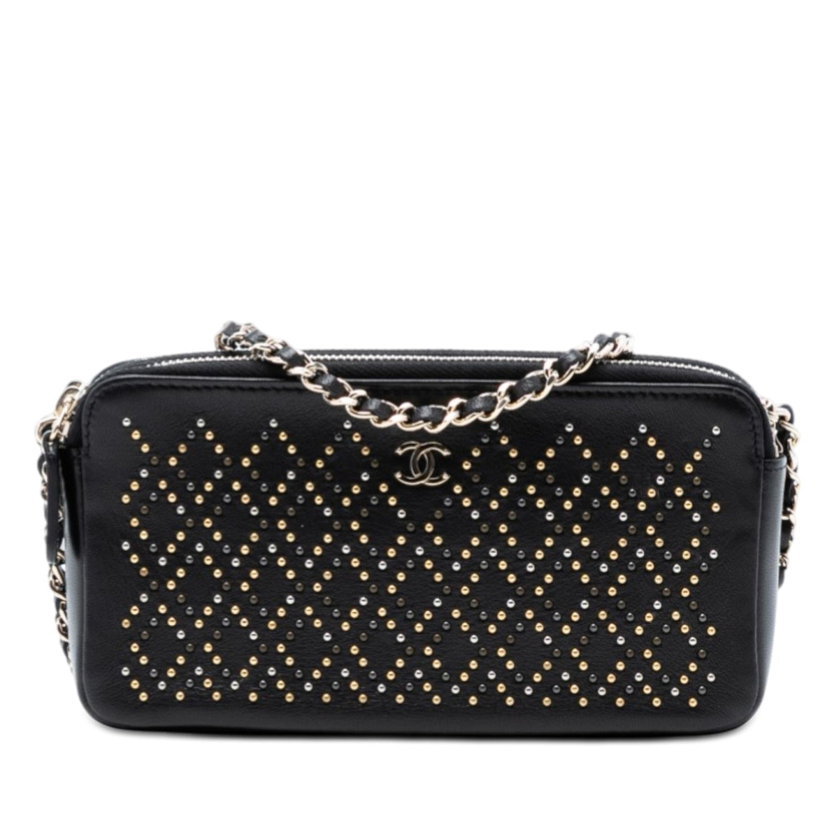 Chanel CC Studded Lambskin Double Zip Clutch with Chain