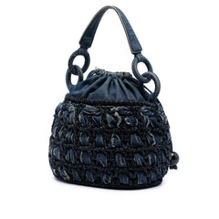 Chanel CC Woven Denim and Raffia Drawstring Bucket Bag