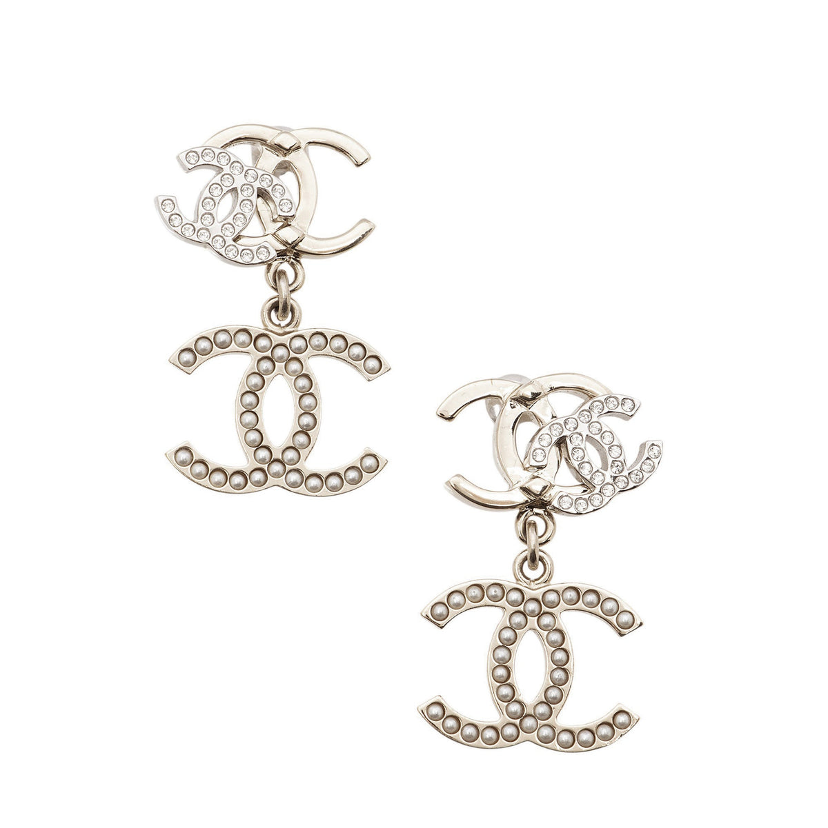 Chanel Faux Pearl Crystal Triple CC Drop Earrings
