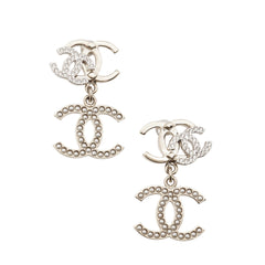 Chanel Faux Pearl Crystal Triple CC Drop Earrings