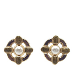 Chanel Gold Plated Enamel Maltese Cross and Faux Pearl Push Back Earrings
