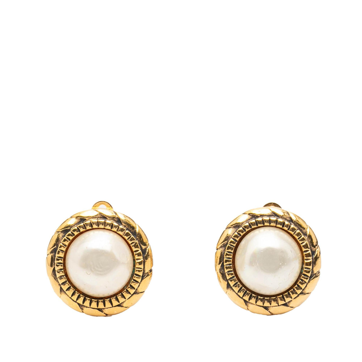Chanel Gold Plated Faux Pearl Round Clip on Earrings