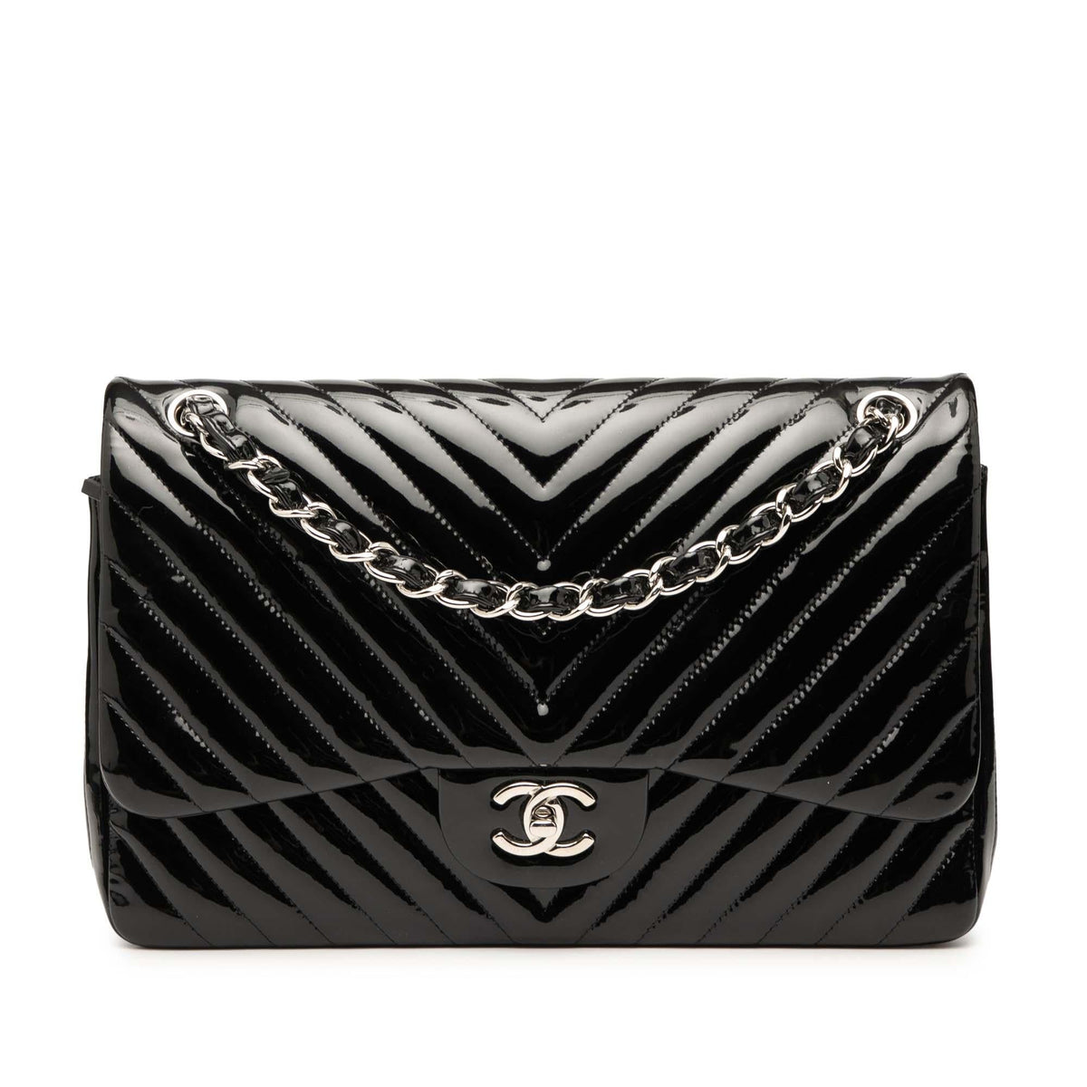 Chanel Jumbo Classic Chevron Patent Double Flap
