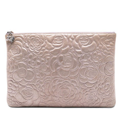 Chanel Large CC Embossed Metallic Lambskin Camellia O Case Clutch