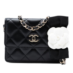 Chanel Quilted Lambskin Camellia Bow Card Holder On Chain