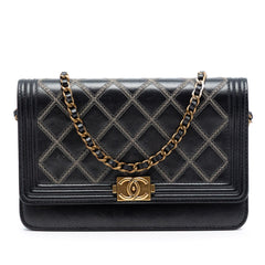 Chanel Quilted Lambskin Double Stitch Boy Wallet On Chain