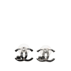 Chanel Silver Plated CC Rhinestone Push Back Earrings