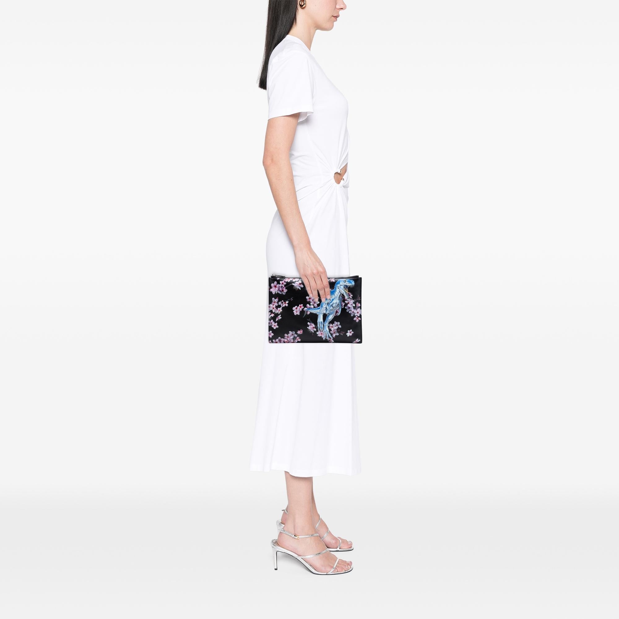 Dior Hajime Sorayama Calfskin Cherry Blossom Dinosaur Print Zip Pouch