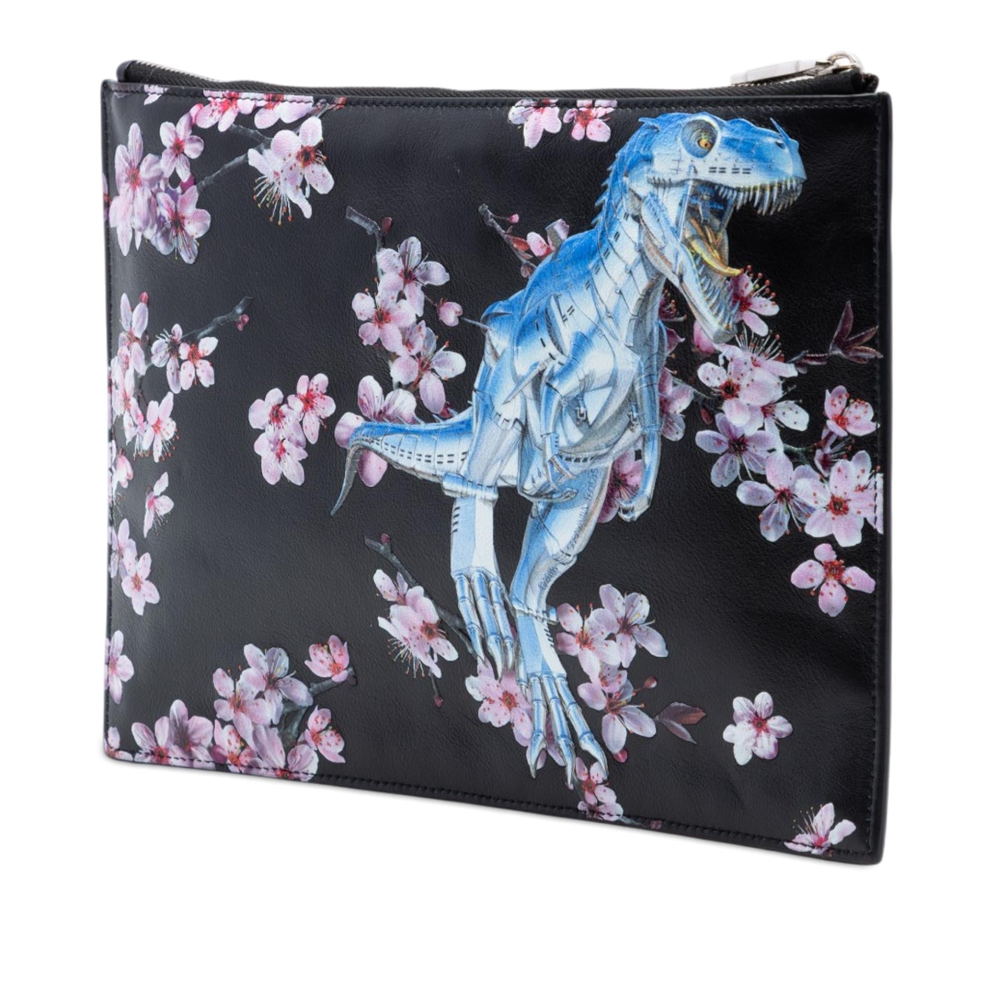Dior Hajime Sorayama Calfskin Cherry Blossom Dinosaur Print Zip Pouch