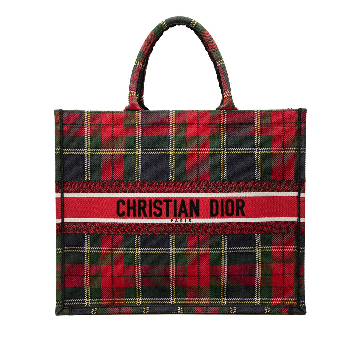 Dior Large Embroidered Canvas Tartan Check Book Tote