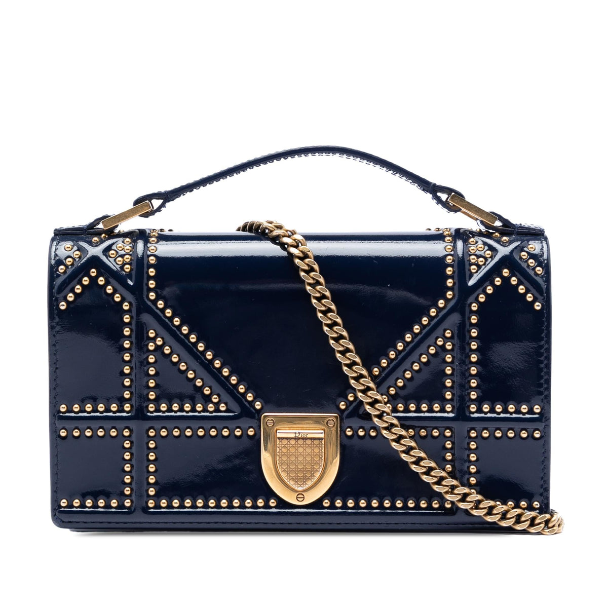 Dior Patent Studded Diorama Top Handle Wallet on Chain