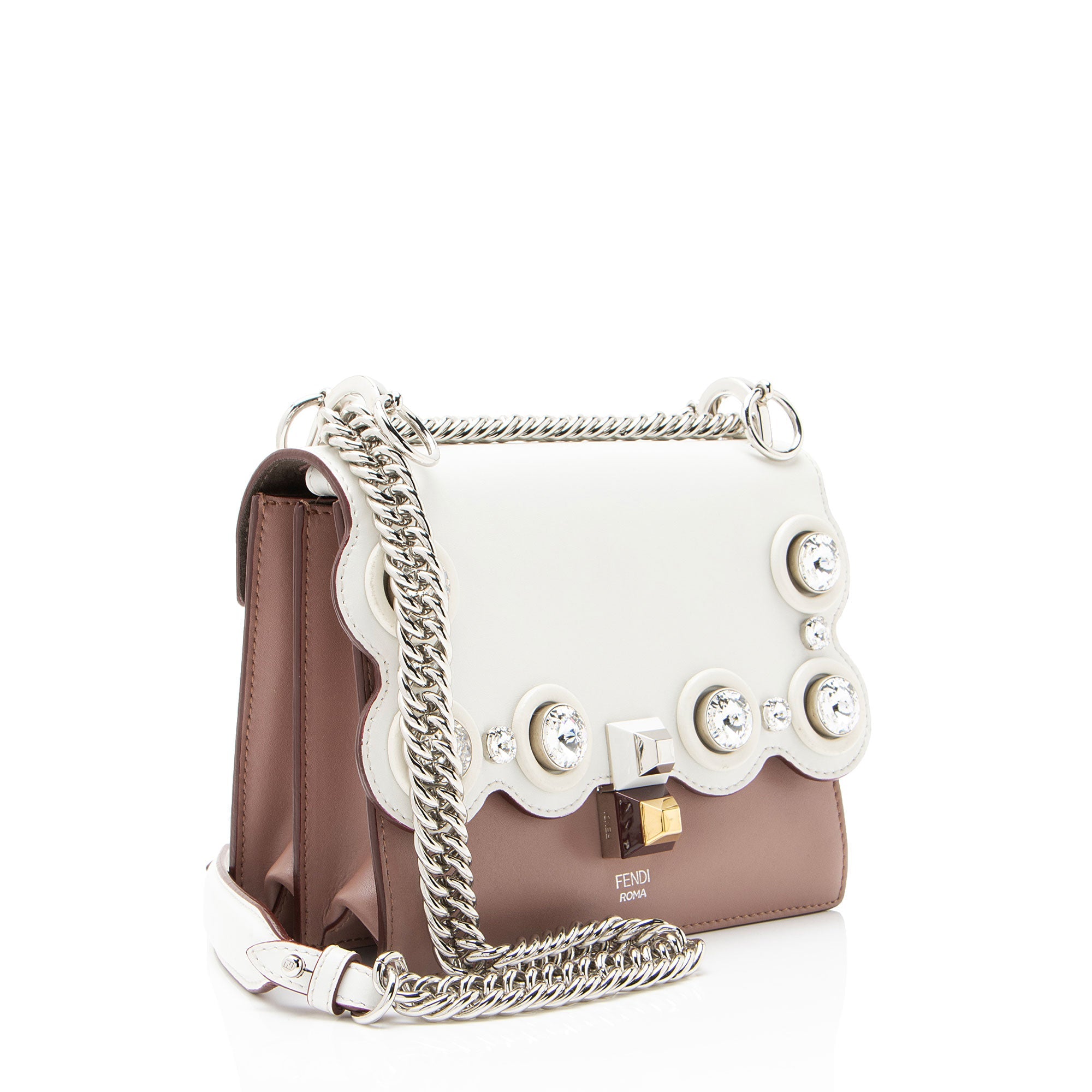 Fendi Calfskin Crystal Studded Kan I Small Shoulder Bag