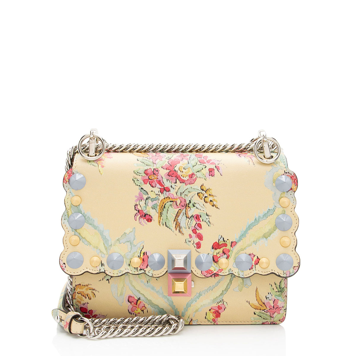 Fendi Calfskin Studded Multicolor Floral Kan I Small Shoulder Bag