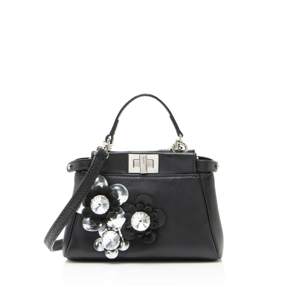 Fendi Leather Floral Embellished Peekaboo Micro Shoulder Bag
