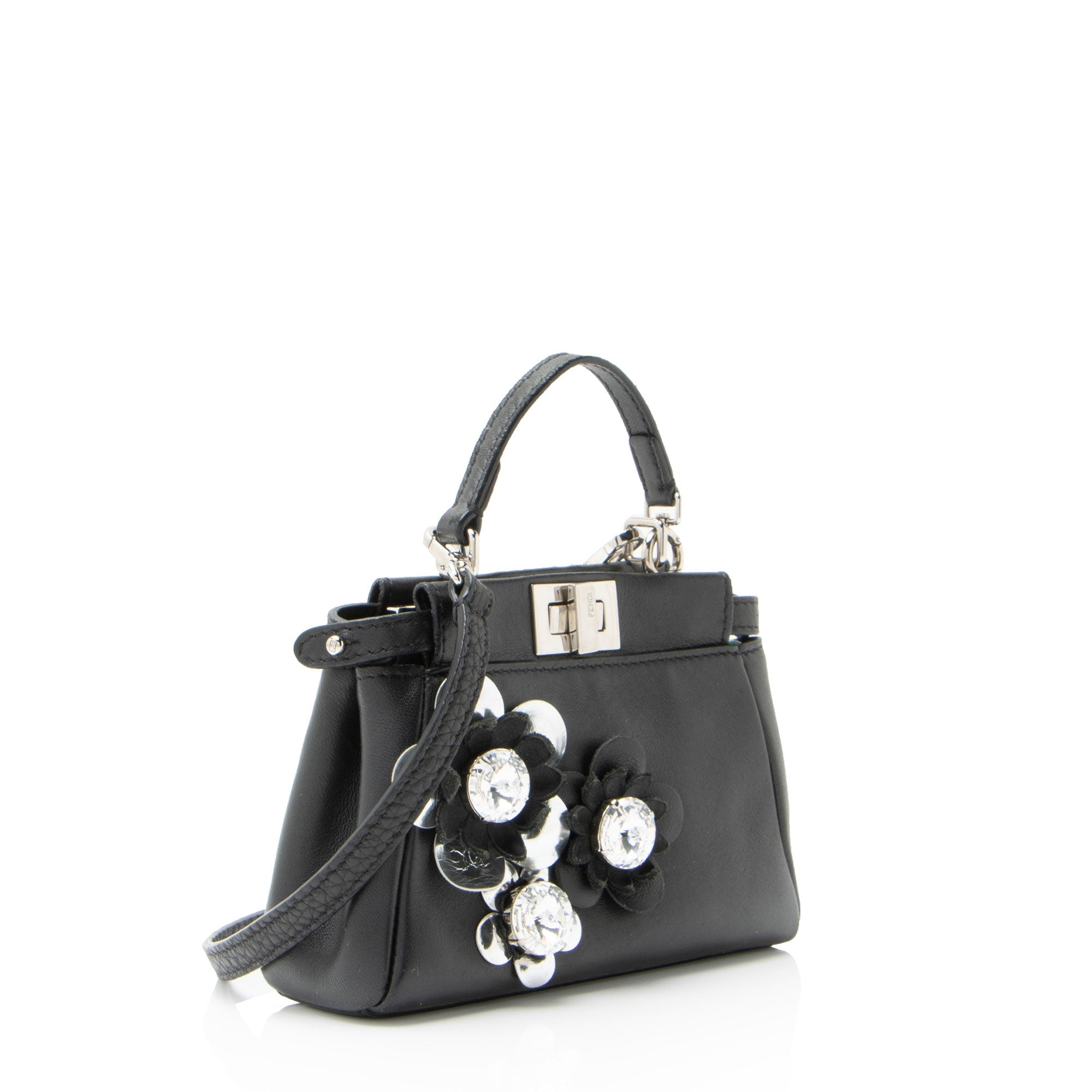 Fendi Leather Floral Embellished Peekaboo Micro Shoulder Bag