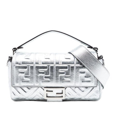 Fendi Medium Metallic Leather Embossed FF Baguette Satchel