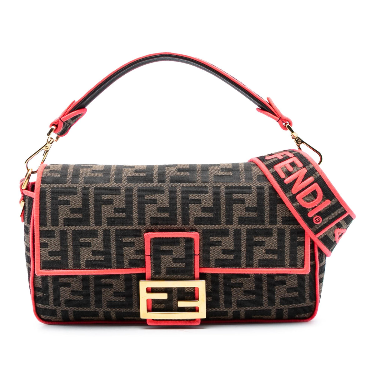 Fendi Medium Zucca Canvas Fluo Trim Baguette Satchel