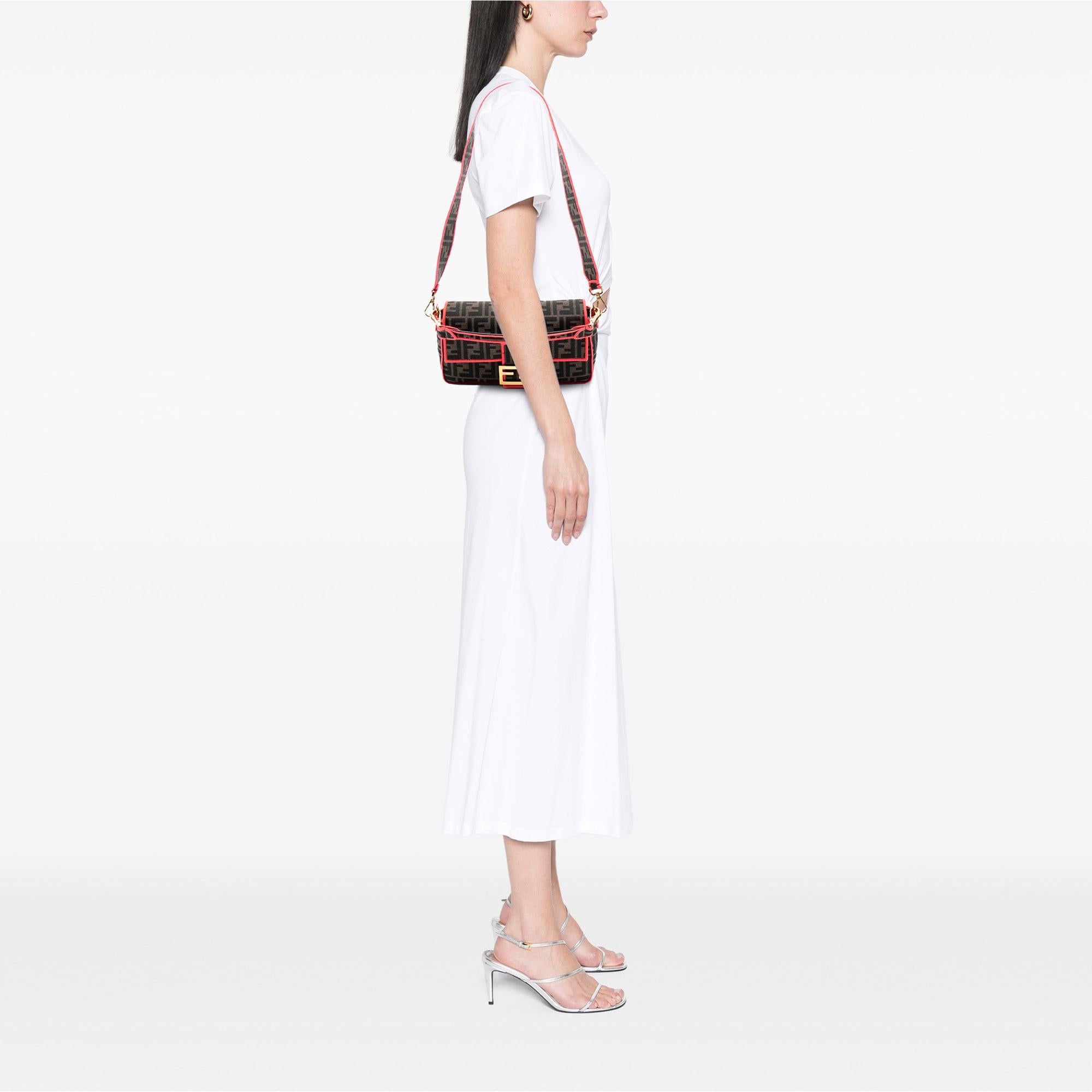 Fendi Medium Zucca Canvas Fluo Trim Baguette Satchel