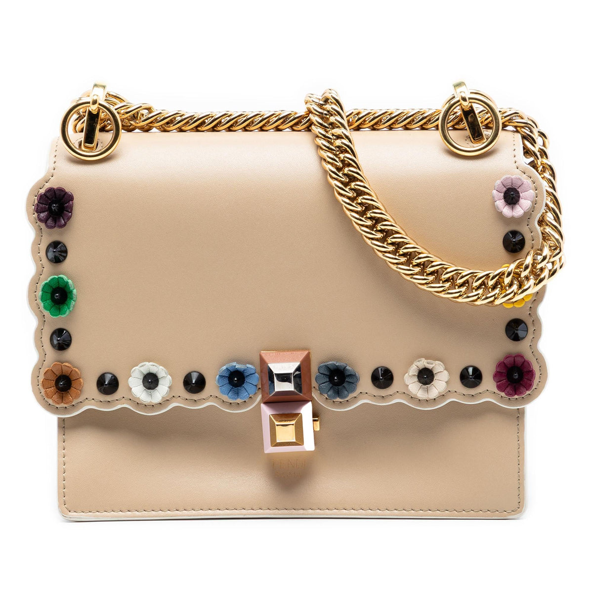 Fendi Mini Scalloped Leather and Studded Floral Kan I Crossbody