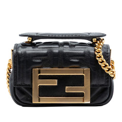 Fendi Nano Zucca Embossed Leather Baguette Chain Bag