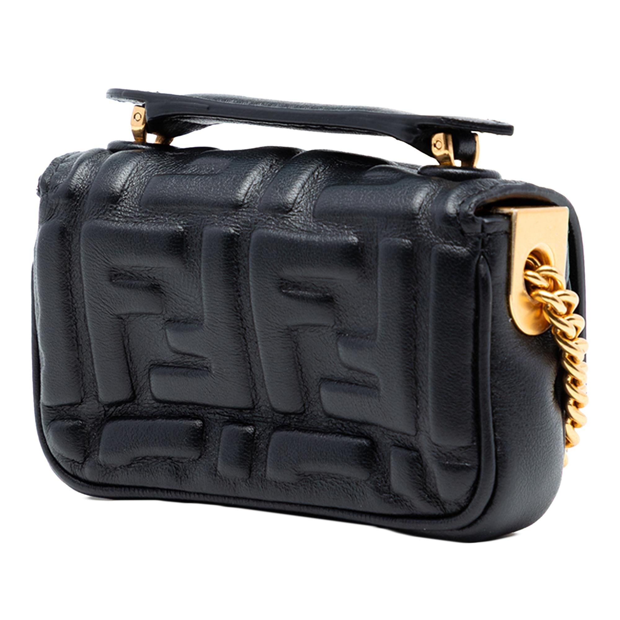 Fendi Nano Zucca Embossed Leather Baguette Chain Bag