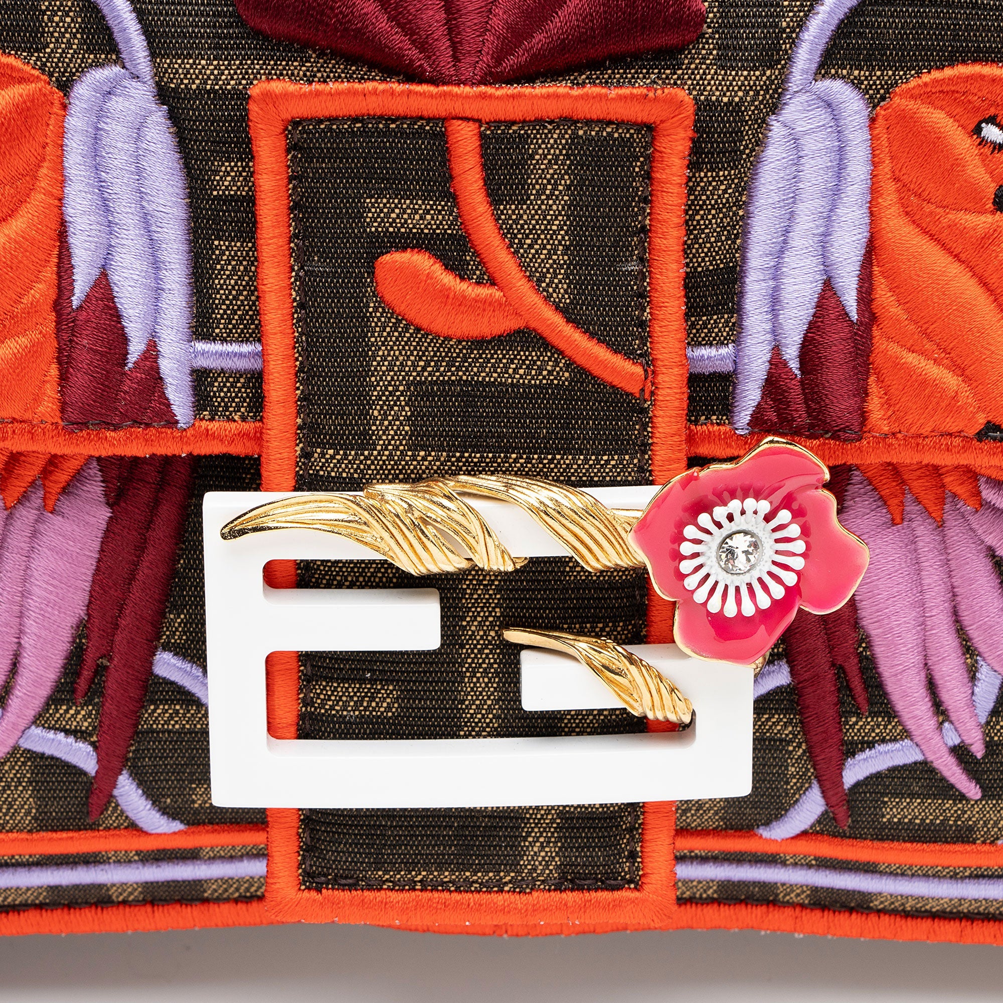 Fendi Zucca Embroidered Bird Baguette Shoulder Bag