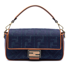 Fendi Zucca Embroidered Denim Baguette Satchel