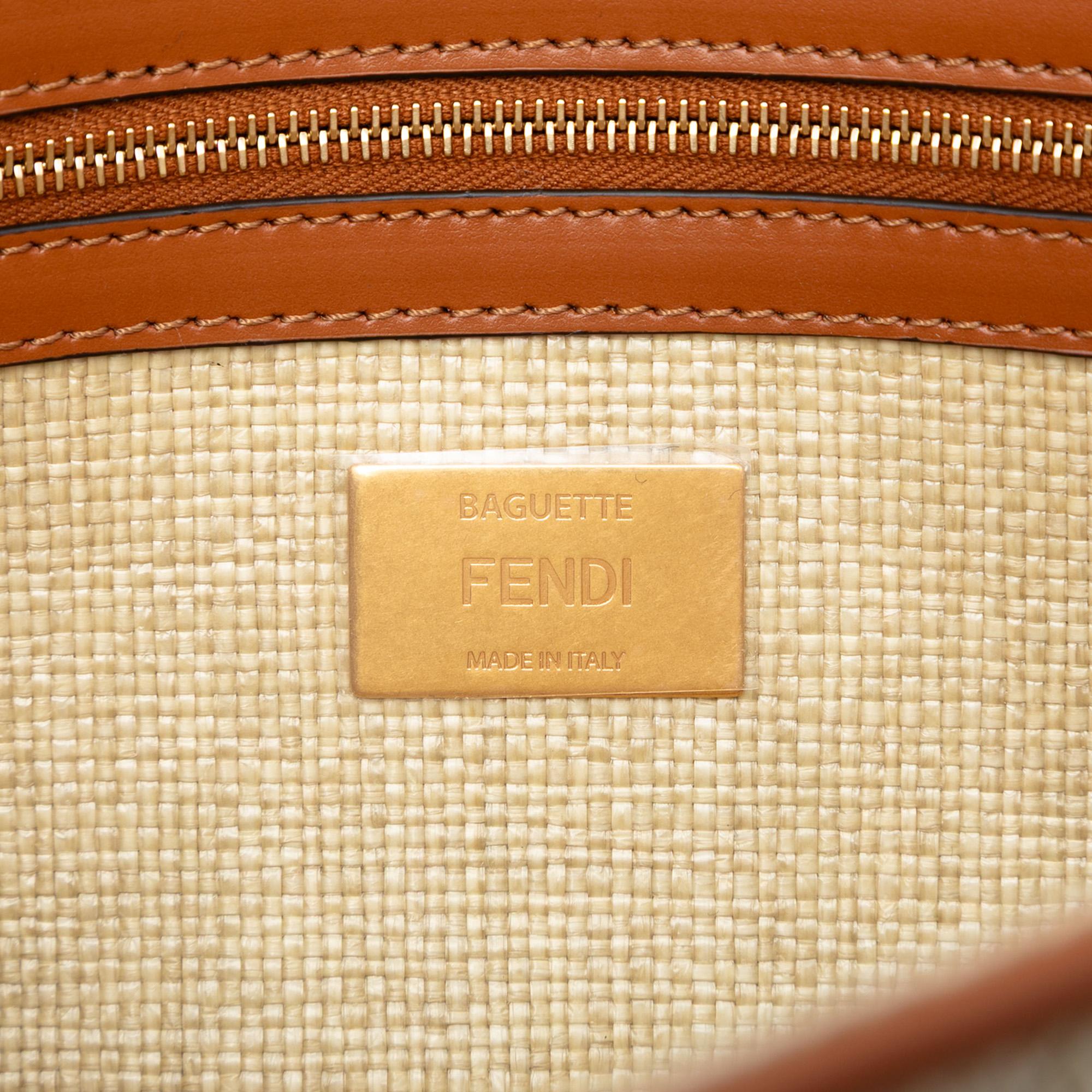 Fendi Zucca Embroidered Raffia Baguette Satchel