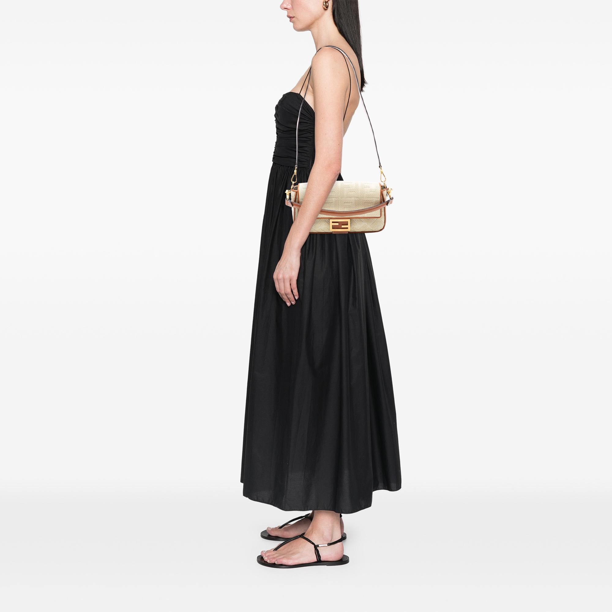 Fendi Zucca Embroidered Raffia Baguette Satchel