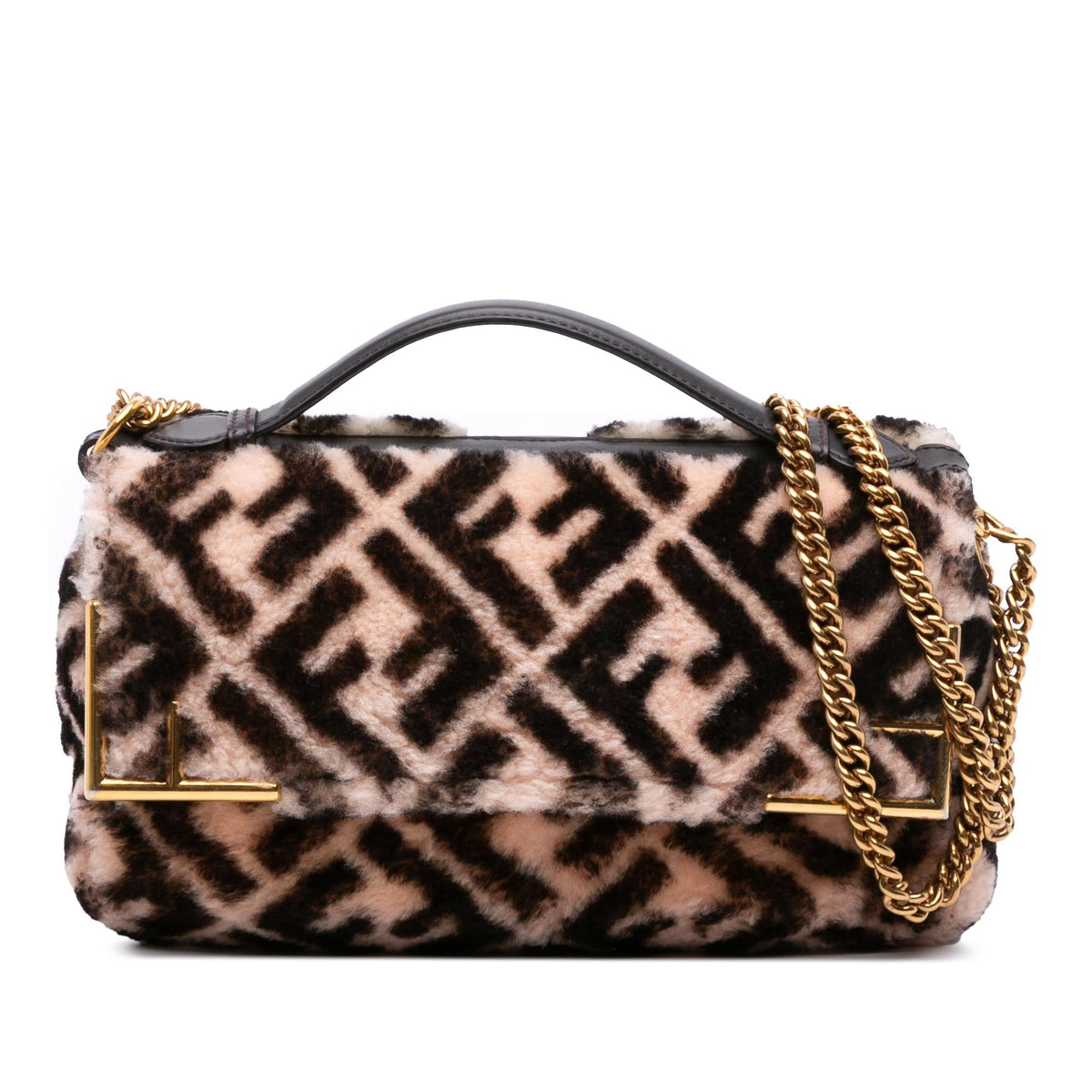 Fendi Zucca Shearling Double F Baguette Satchel