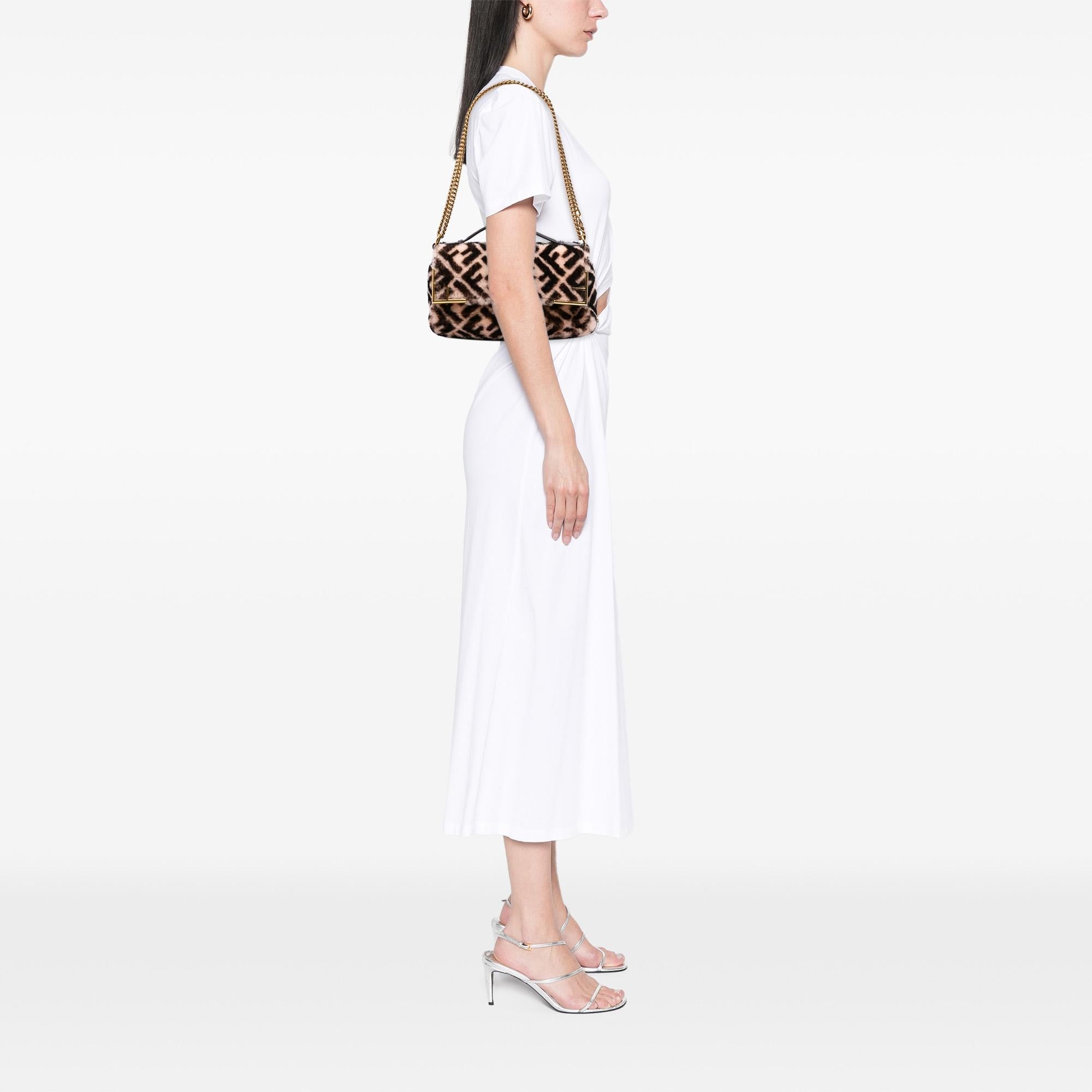 Fendi Zucca Shearling Double F Baguette Satchel