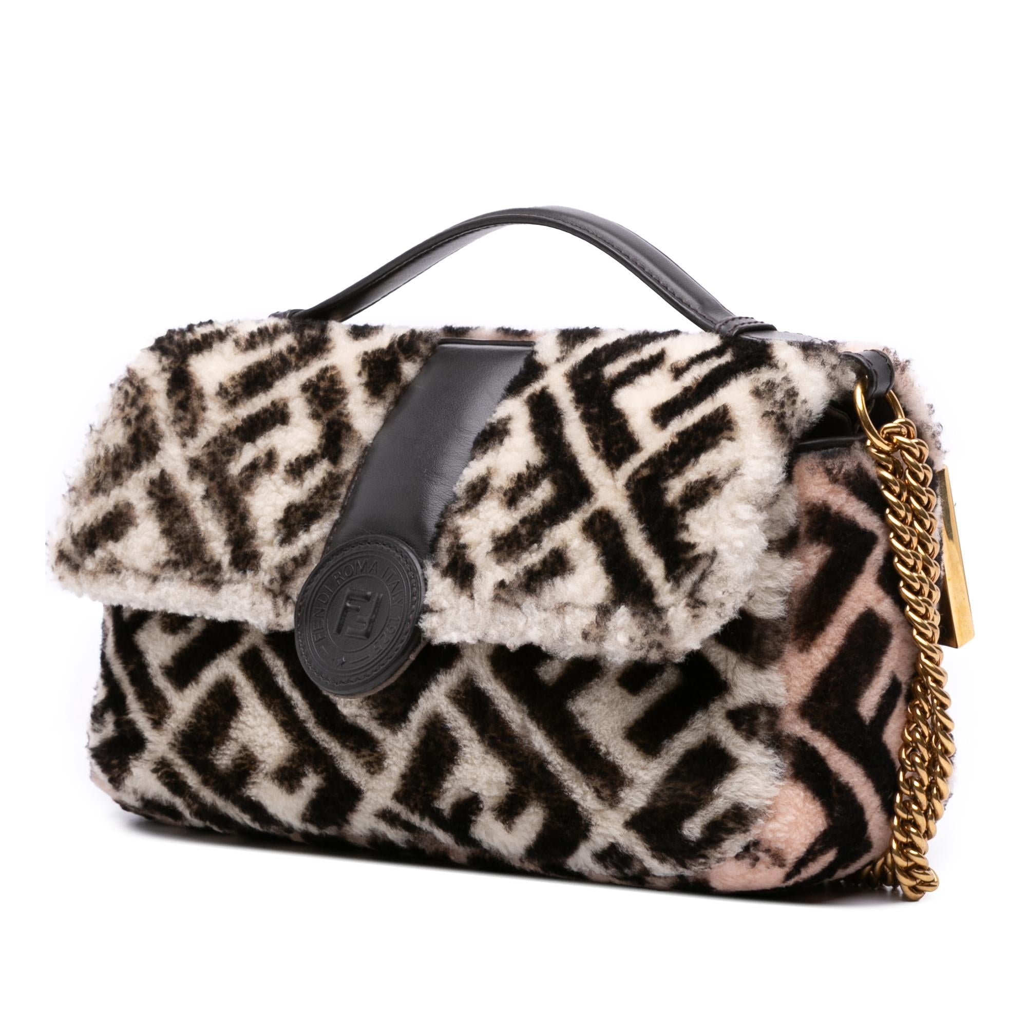 Fendi Zucca Shearling Double F Baguette Satchel