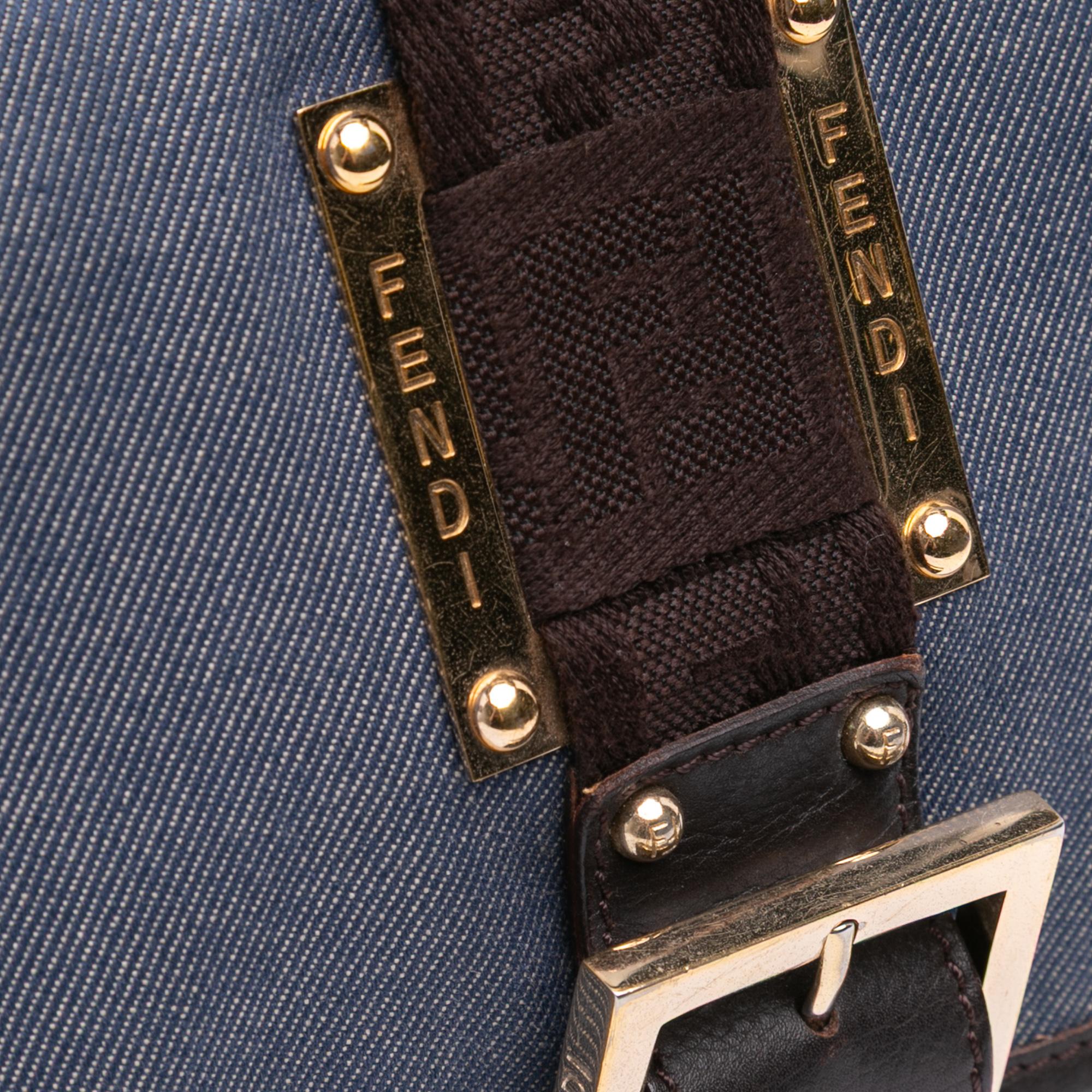 Fendi Zucca Trimmed Denim Buckle Flap Bag