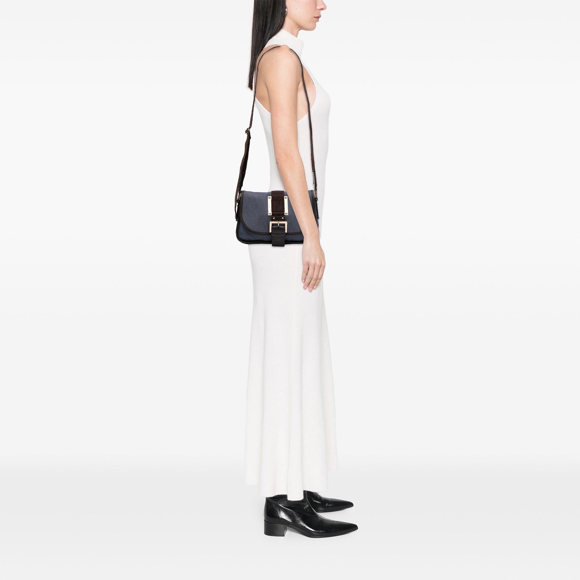 Fendi Zucca Trimmed Denim Buckle Flap Bag