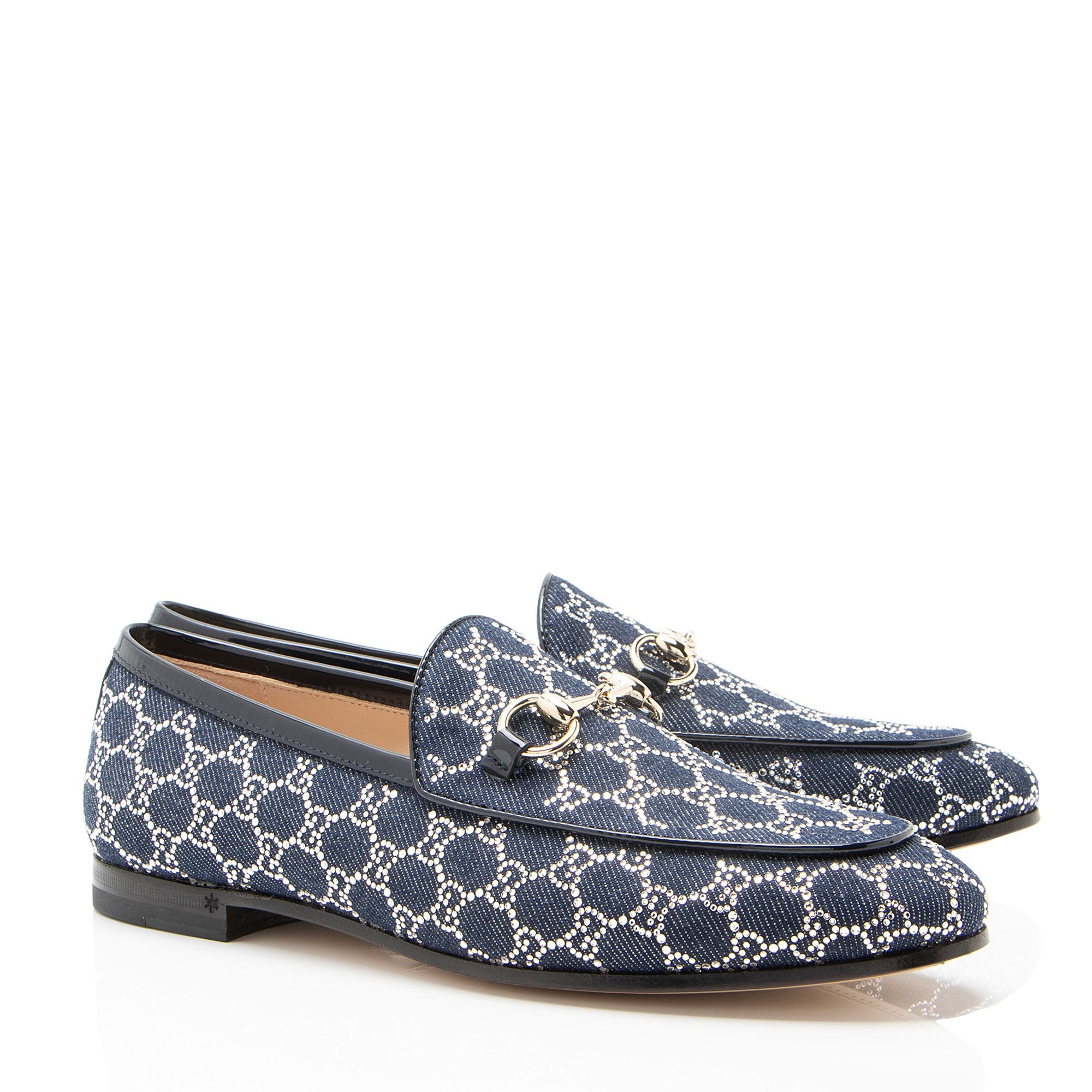 Gucci GG Denim Crystal Horsebit Jordaan Loafers - Size 7 / 37