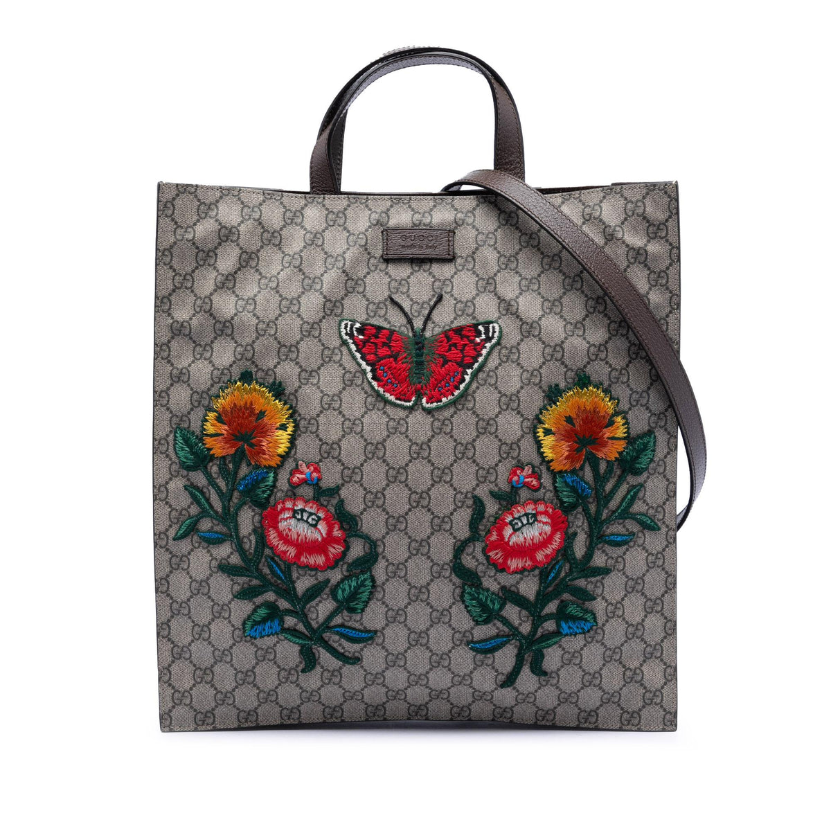 Gucci GG Supreme Butterfly and Flower Embroidery Convertible Soft Tote
