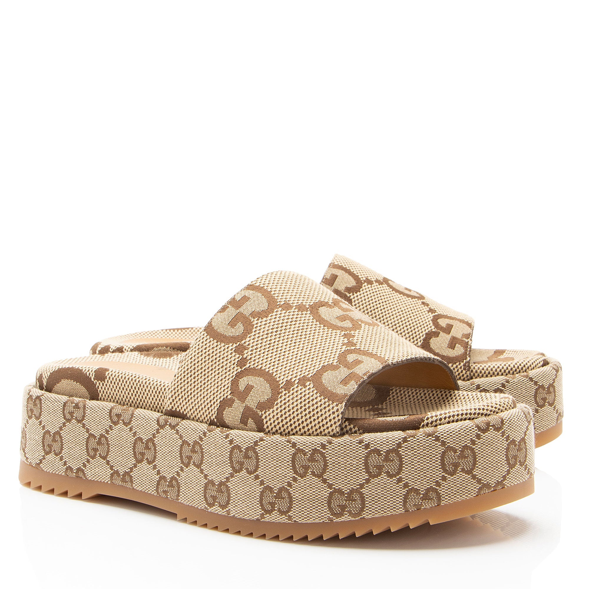 Gucci Jumbo GG Canvas Angelina Slide Platform Sandals - Size 7 / 37