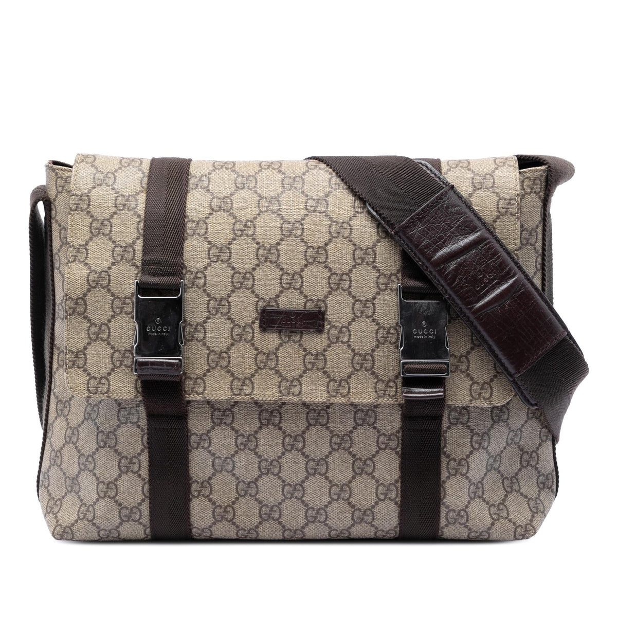 Gucci Large GG Supreme Double Buckle Flap Messenger Bag