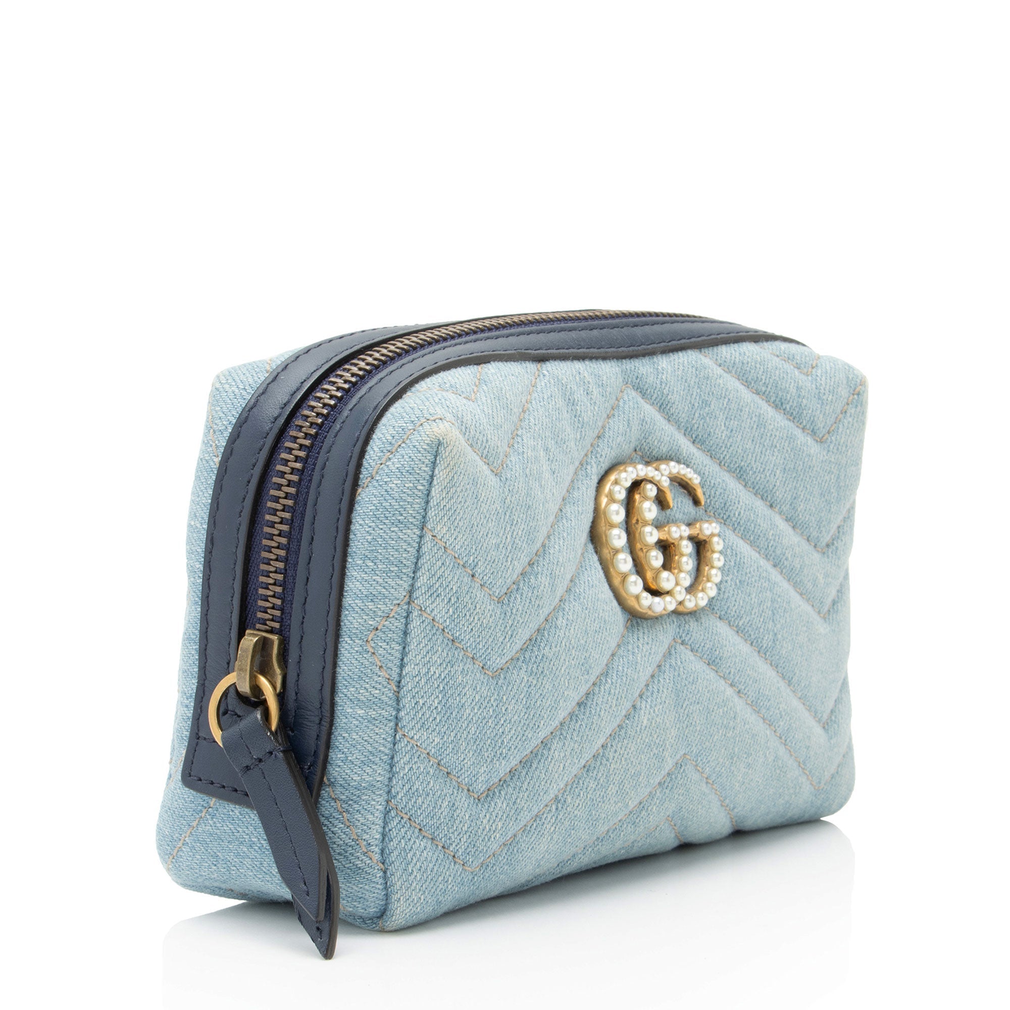 Gucci Matelasse Denim Pearl GG Marmont Cosmetic Case