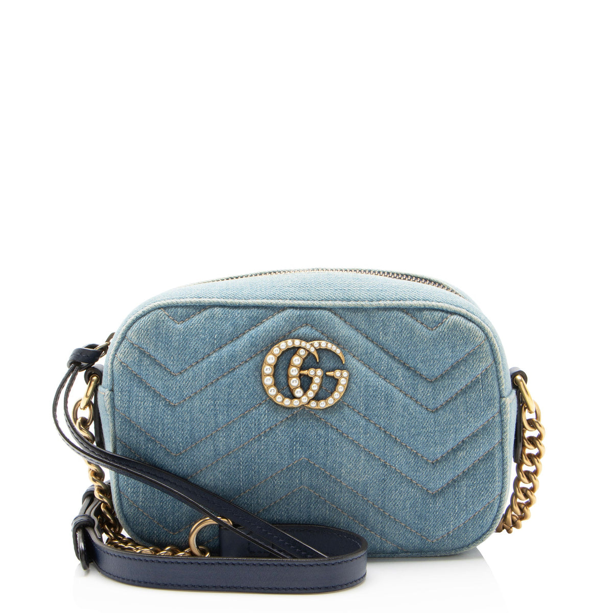Gucci Matelasse Denim Pearl GG Marmont Mini Camera Bag