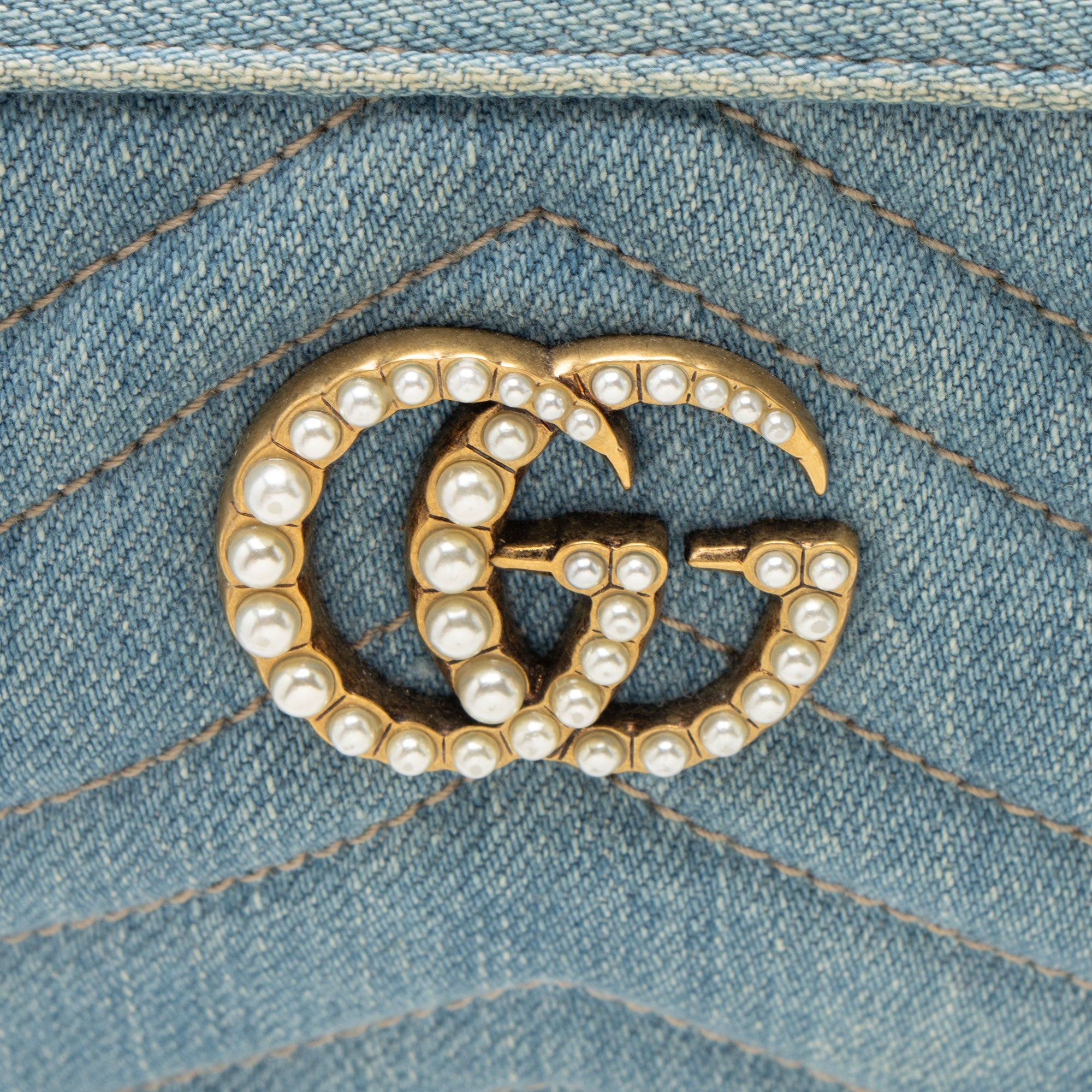 Gucci Matelasse Denim Pearl GG Marmont Mini Camera Bag