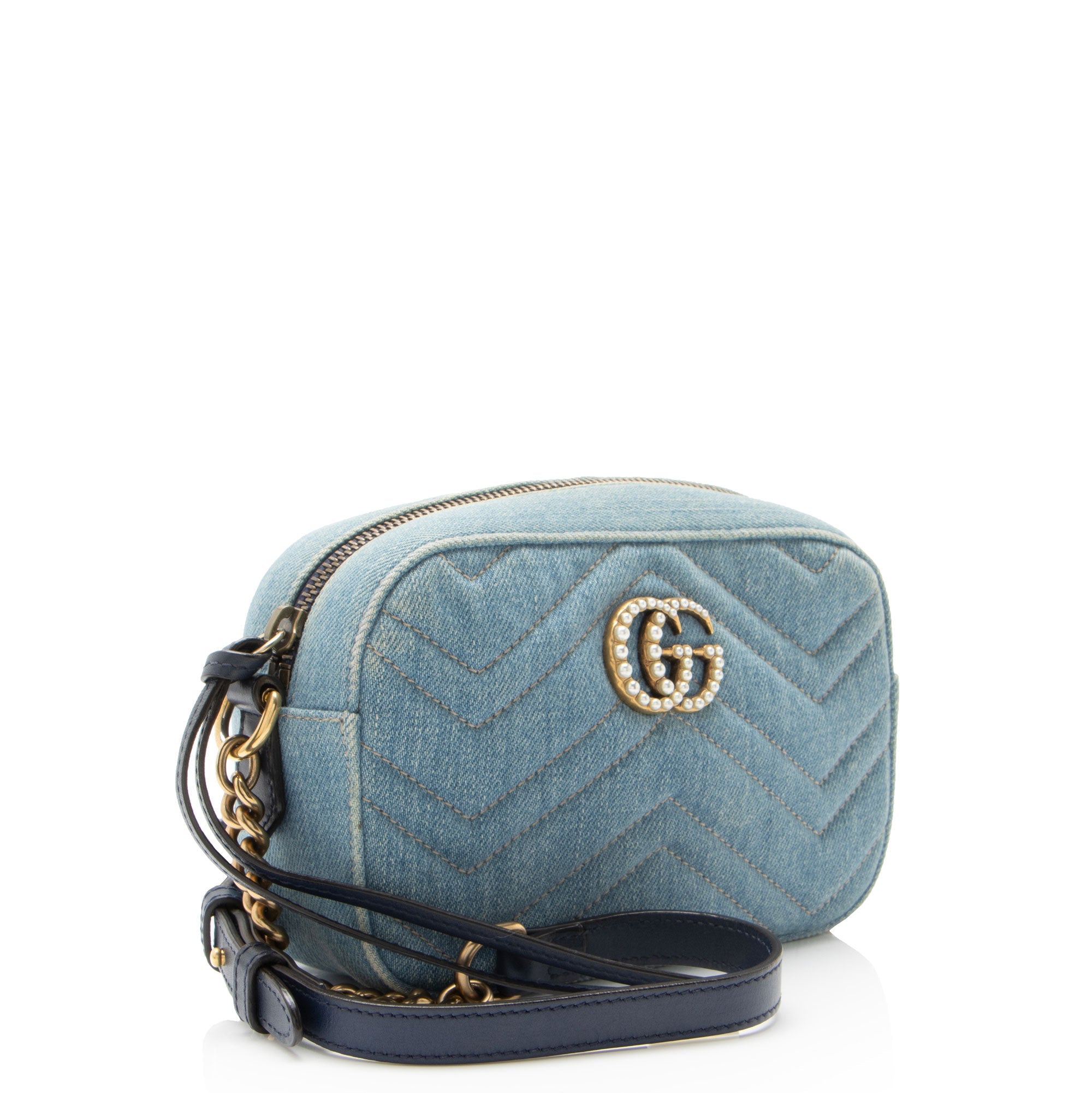 Gucci Matelasse Denim Pearl GG Marmont Mini Camera Bag