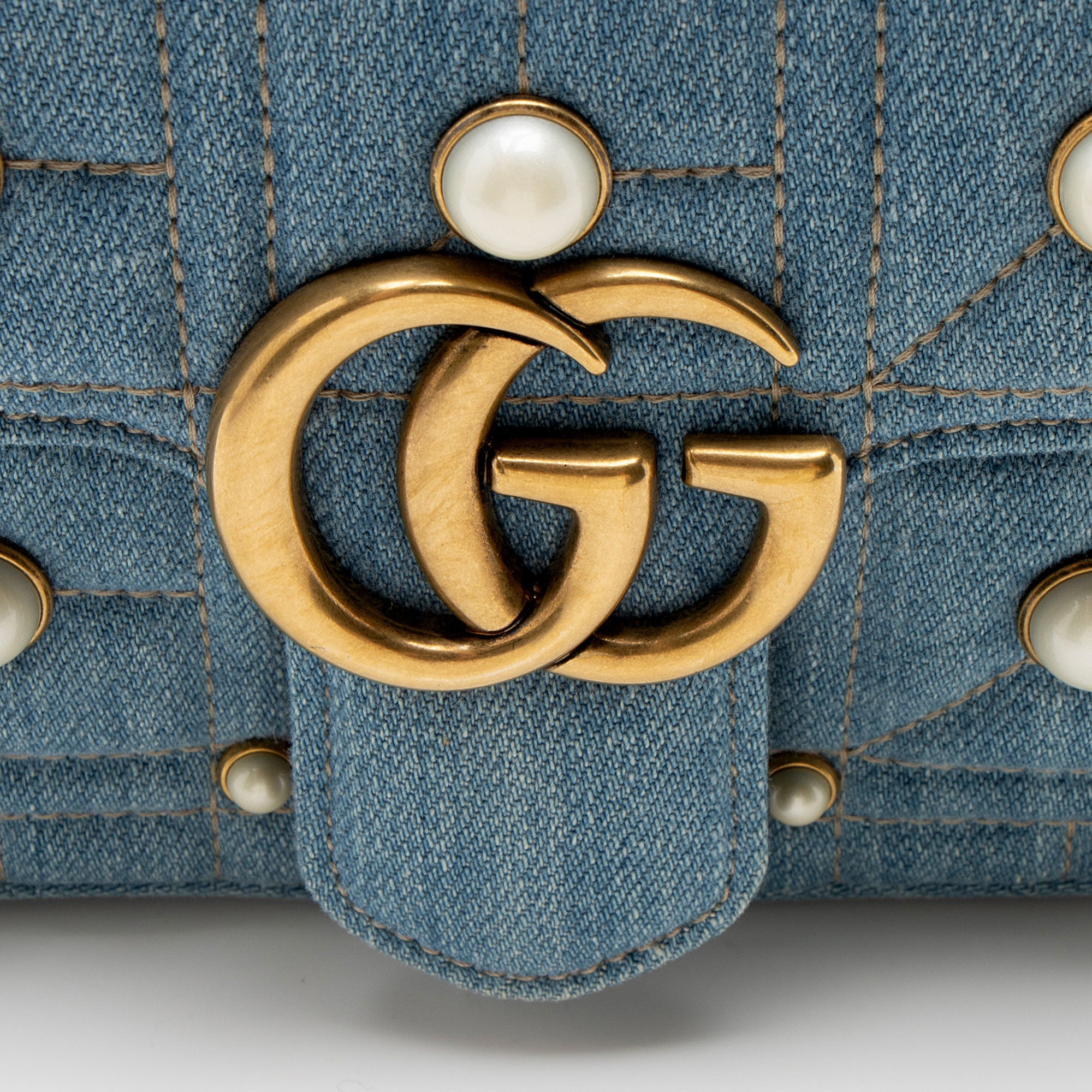 Gucci Matelasse Denim Pearl GG Marmont Small Flap Bag