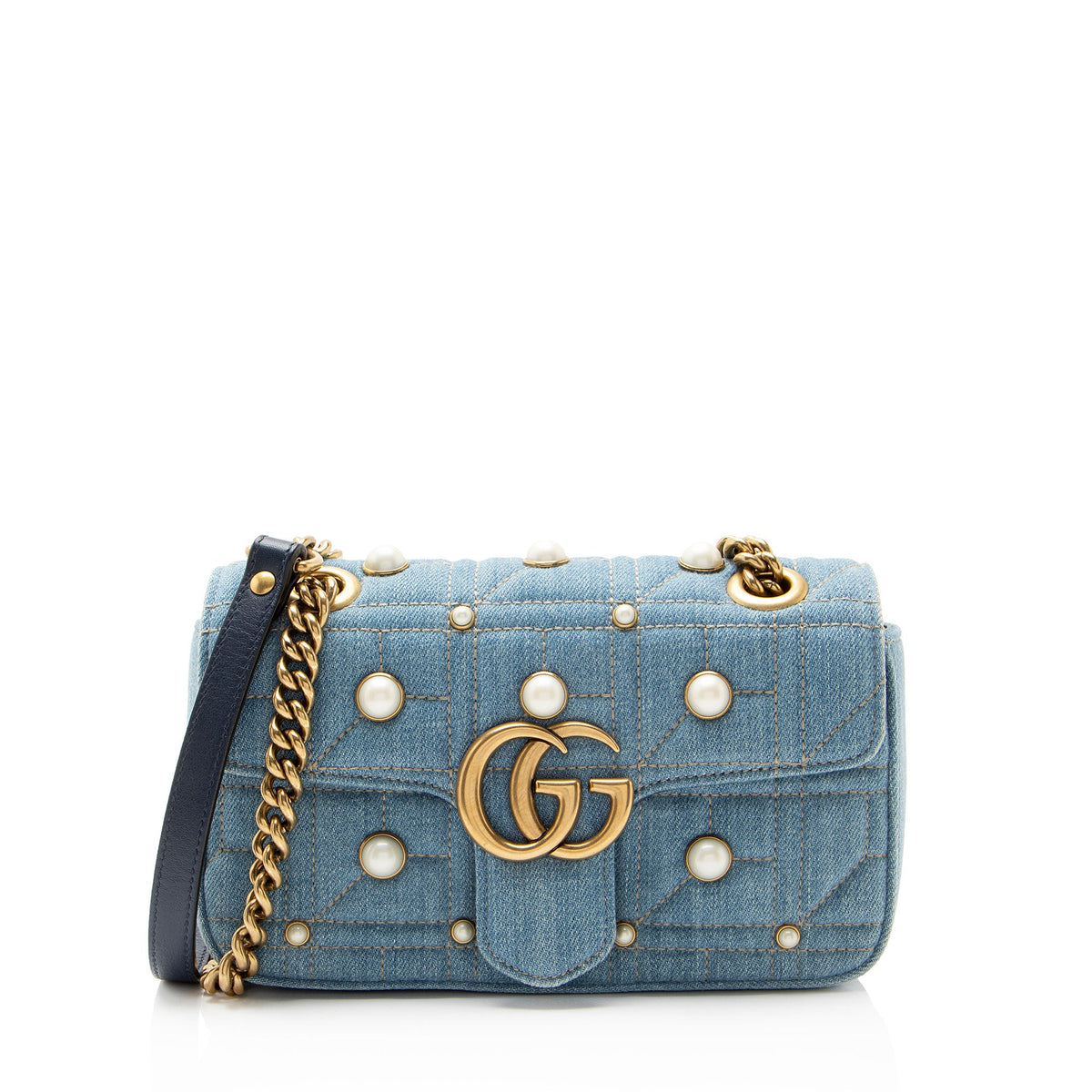 Gucci Matelasse Denim Pearl GG Marmont Small Flap Bag